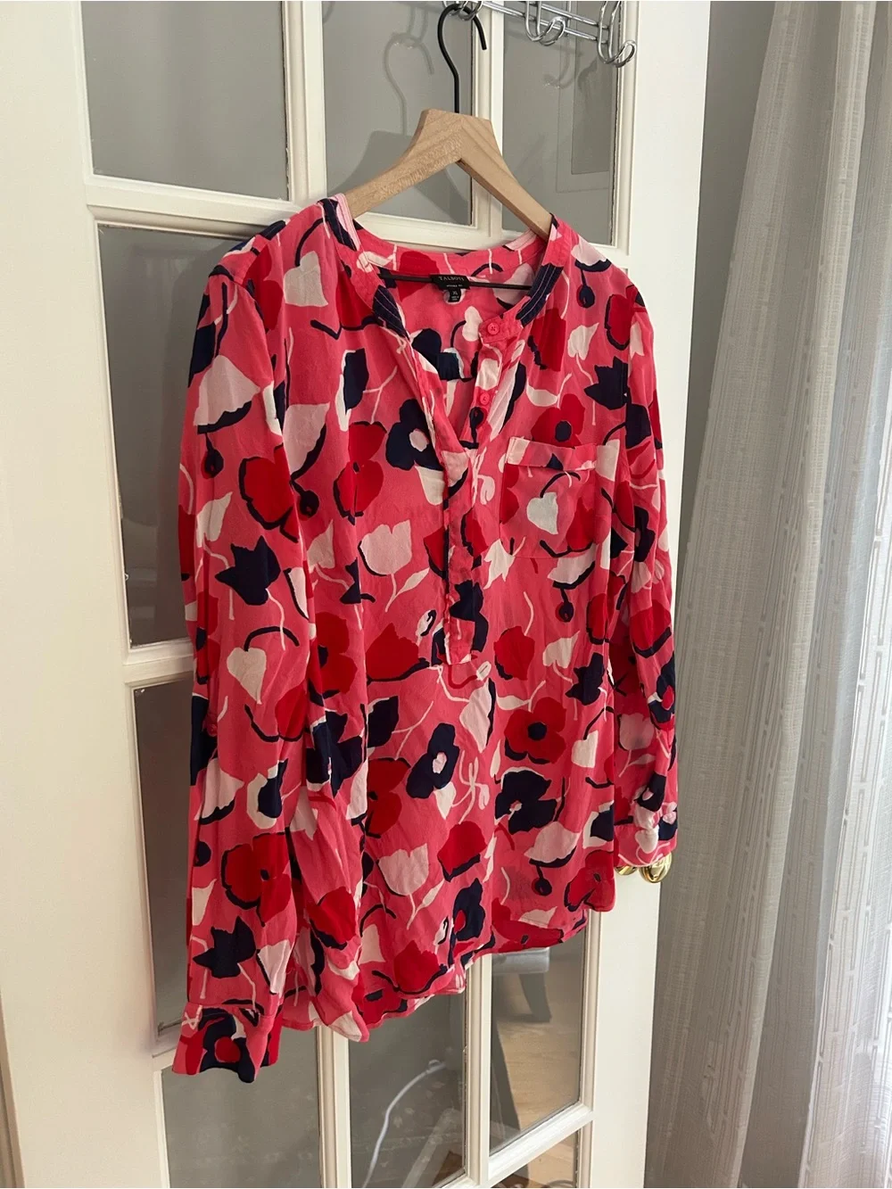 Talbots Pink Floral Popover Blouse with Navy Accents